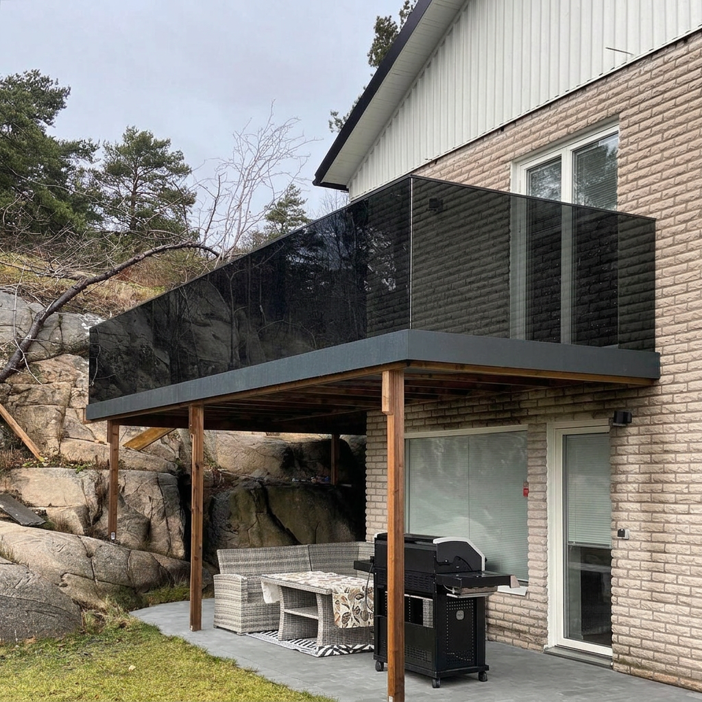 Ramlöst räcke i rökt glas på balkong mot berg