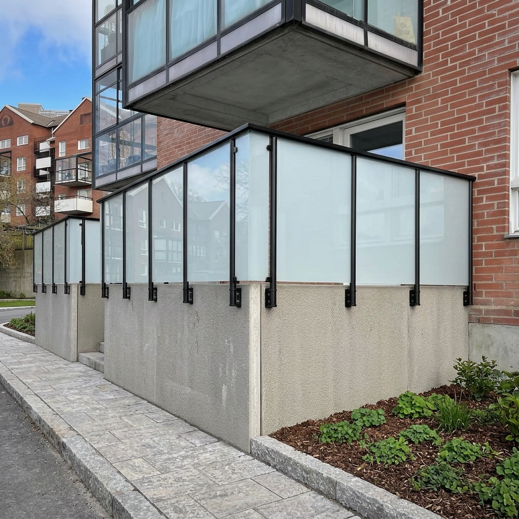 Frostat glasräcke med svarta stolpar på bostadsgård