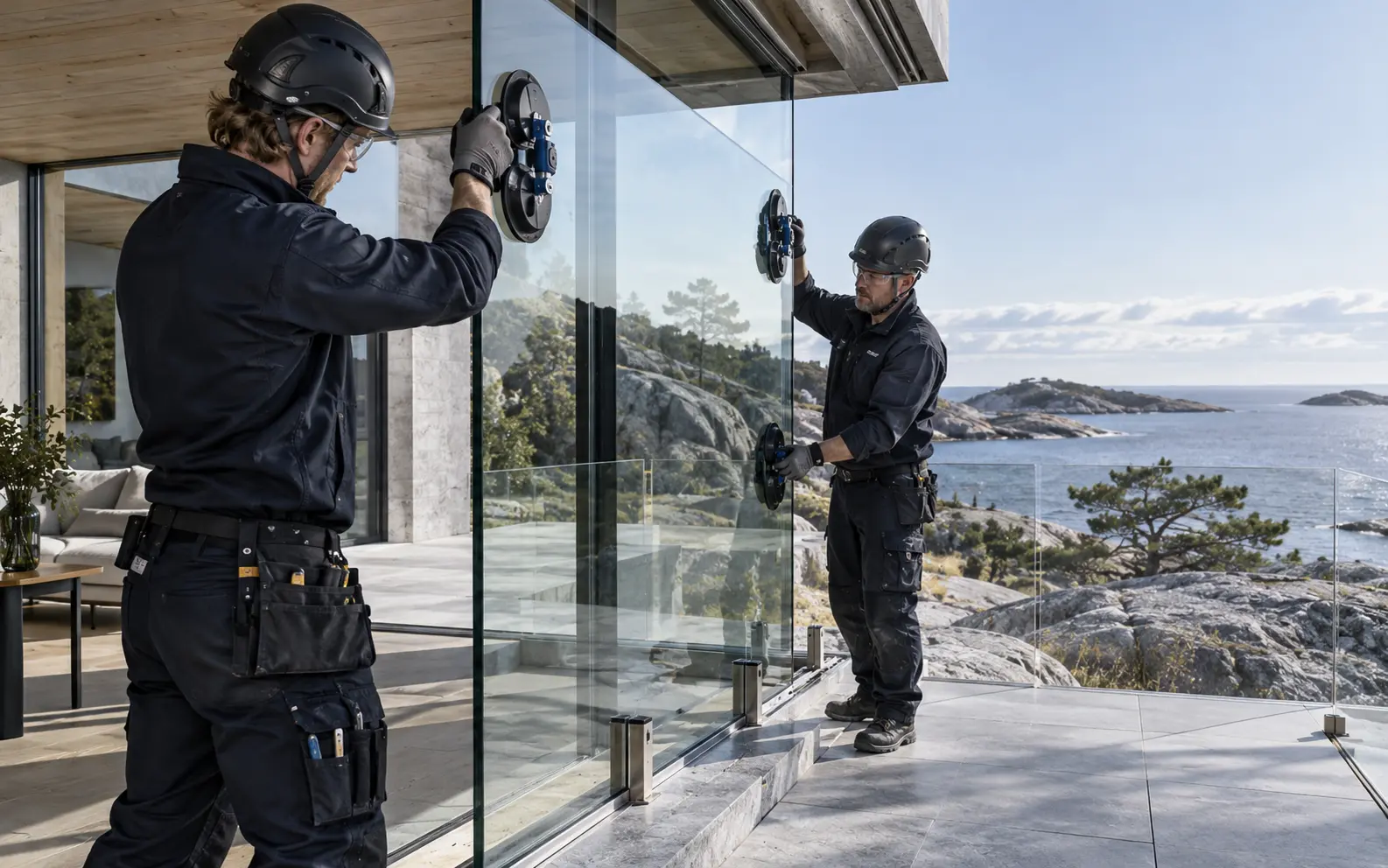 Montör som sätter glasparti med utsikt mot havet